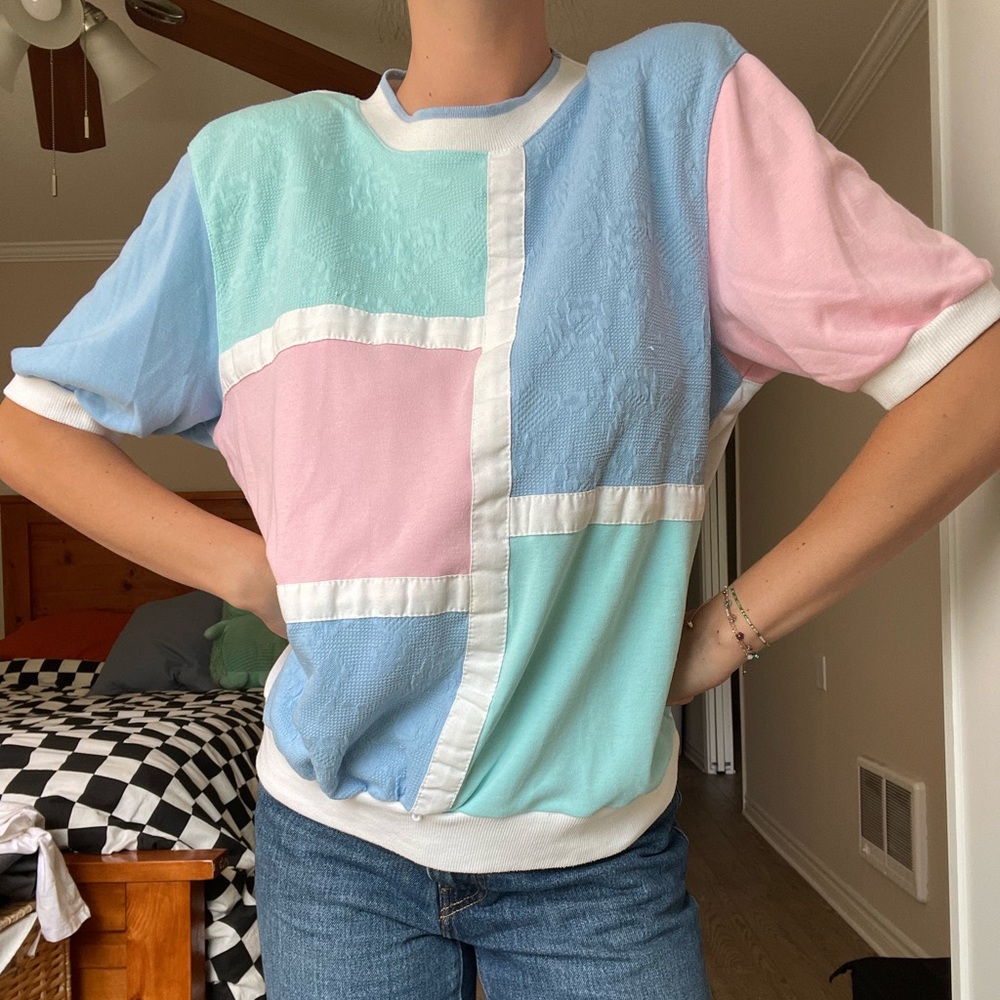 Vintage Alfred Dunner pastel patchwork short - sleeved sweater - size M